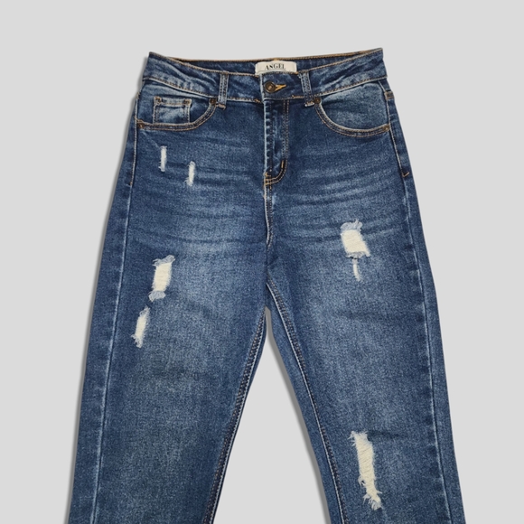 Angel Designed in Los Angeles Size 7 Skinny Jeans, Dark Wash Distressed Denim - Picture 2 of 14